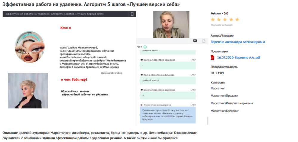 Вебинар Эффективная работа на удаленке. Алгоритм 5 шагов Лучшей версии себя (Александра Веретено)