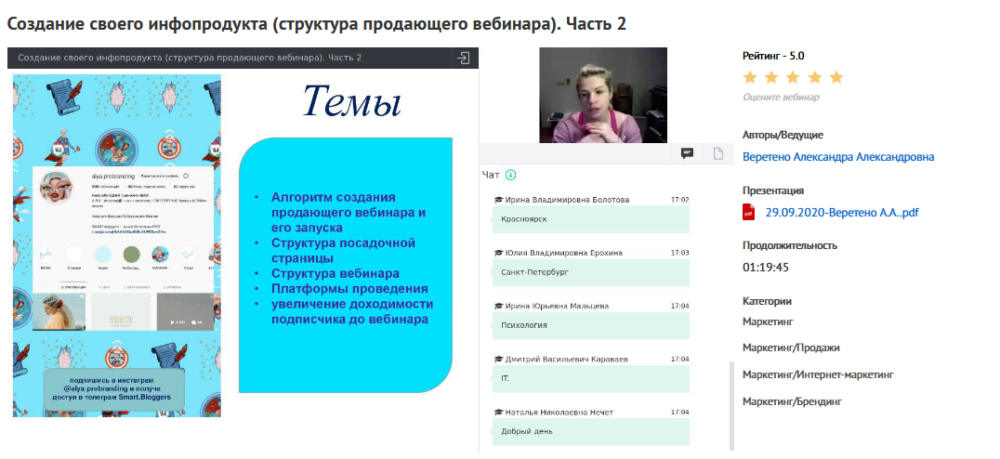 Вебинары Создание своего инфопродукта (курса или серии вебинаров). С чего начать? Часть 1, Часть 2. (Александра Веретено)